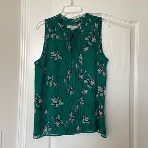 Loft, size L, sheer shell with tie front, green with floral print
